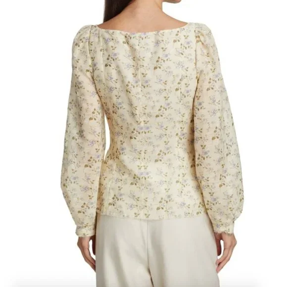 $890 Brock Collection Thelma Linen Cotton Floral Cottage Core Puff Sleeve Blouse - Picture 4 of 17